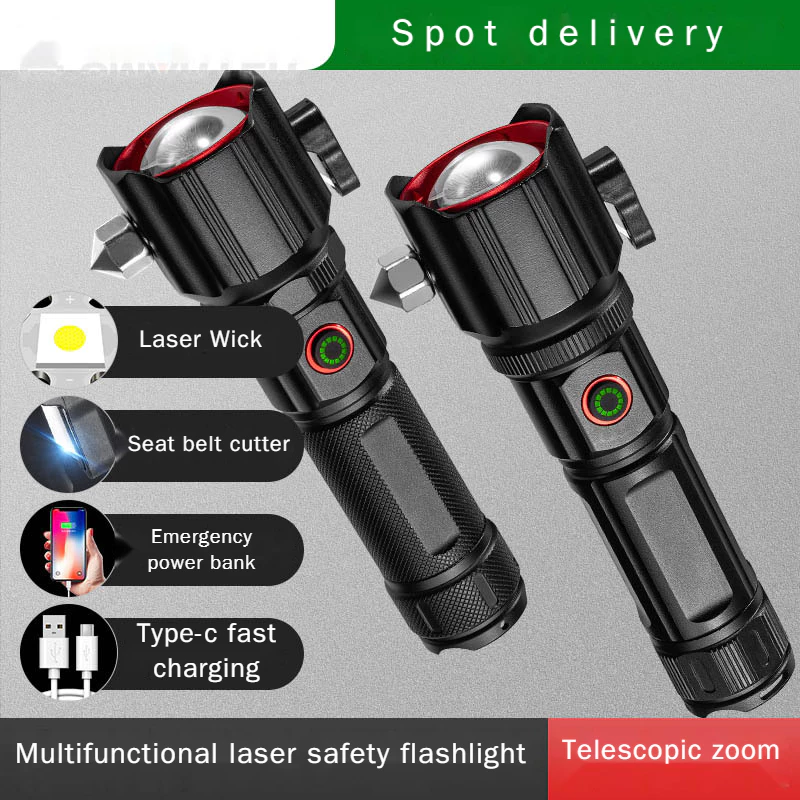 Đèn pin mới đa chức năng LED tầm xa siêu sáng Type-C có thể sạc lại ánh sáng mạnh có búa an toàn cắm trại ngoài trời cảnh báo khẩn cấp ánh sáng đỏ và xanh ánh làm việc