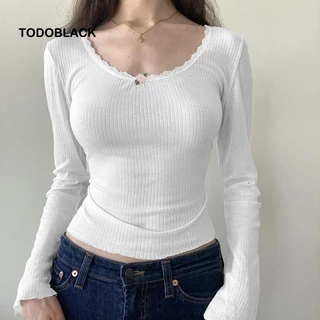 Y2k Hoa Ren Crop Top Nữ Trắng Đan Slim Fit Cổ Tròn Áo Thun Cơ Bản