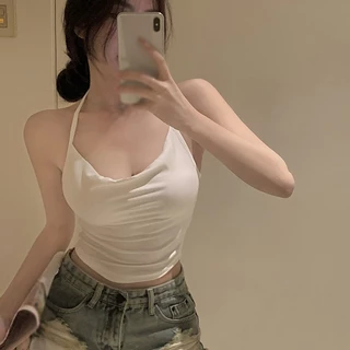 Áo hai dây Nữ Mùa Hè Màu Trơn Xoay Cổ Ôm Gợi Cảm Lưng Cổ Halterole Không Đều Croptop