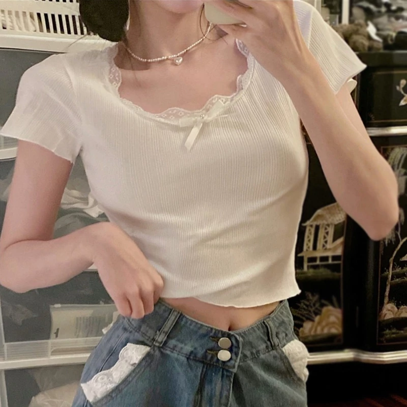 Áo thun nữ Hàn Quốc nơ ren ngọt ngào thời trang Slim Fit Áo thun ngắn tay màu trơn Croptop