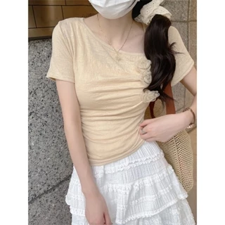 NZN Phiên bản Hàn Quốc của áo thun ngắn tay hoa ba chiều nữ mùa hè Slim xếp li thiết kế đoạn ngắn