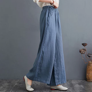 Mùa Hè 2024 Nữ Văn Học Cotton Và Vải Lanh Quần Co Giãn Eo Rời Plus Kích Thước Cao Cấp Drape Quần Ống Rộng