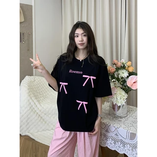 Ulzzang ROEMO thời trang trắng áo phông  tay ngắn nữ cao cấp bow tie in hinh local brand áo thun nữ form rộng ngầu 100% cotton-Y1015