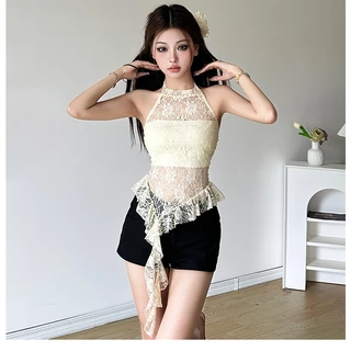 Cutenew Ren Chắp Vá Không Đều Ruffle Viền Xe Tăng Top Nữ Mùa Hè Mỏng Lưng Áo Vest Phong Cách Đường Phố Hàng Đầu