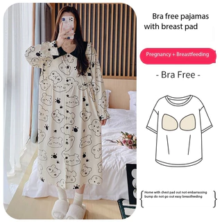 * Có miếng đệm ngực * cotton nguyên chất Điều dưỡng sau sinh Váy ngủ dài tay cho phụ nữ mang thai Váy ngủ