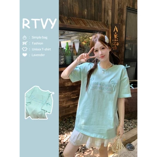 「RTVY」Áo thun ngắn tay thời trang phiên bản Hàn Quốc thêu nơ dáng rộng áo xanh bạc hà thông thường dành cho nữ