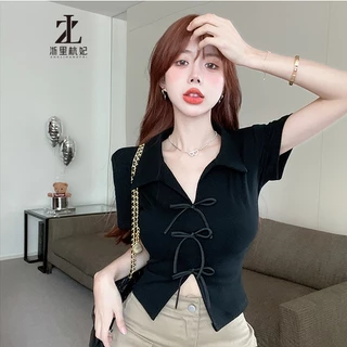 ZHELIHANGFEI Pure Desire Ngọt Ngào Cay Nơ polo Cổ Áo Thun Nữ Tay Ngắn Thiết Kế Mùa Hè Niche Pháp Phong Cách Ngắn Trang Trọng Vai Top