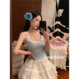 Áo vest yếm dệt kim cay cô gái mùa hè mới ren chắp vá mỏng vừa vặn croptop