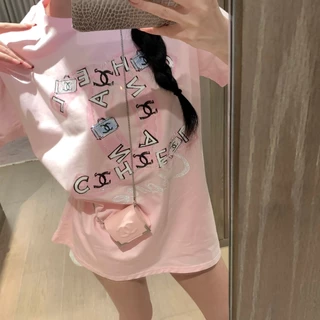 Áo thun nữ màu hồng graffiti hot kim cương cotton tay ngắn mới phong cách chất lượng cao 50100087