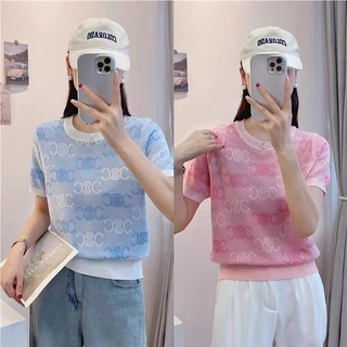 Cổ Tròn Chữ Jacquard Tencel Dệt Kim Ngắn Tay Top Mùa Hè 2024 Phong Cách Mới Tính Khí Phiên Bản Hàn Quốc Dệt Kim Áo Thun Top