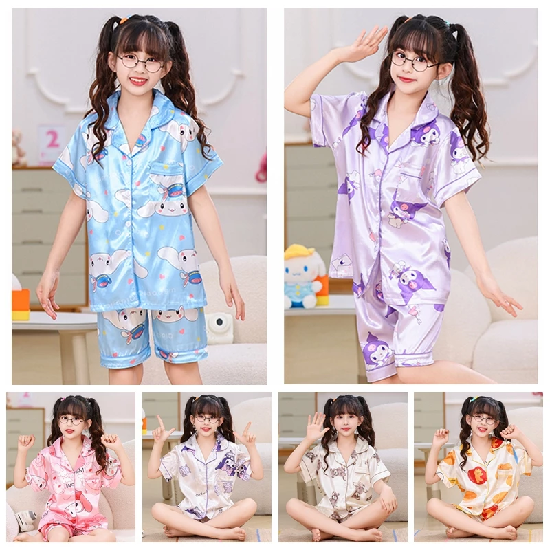 Bộ Đồ Ngủ Trẻ Em Satin Lụa Bé Gái Pyjama Phong Cách Hàn Quốc Ngủ Mặc Hoạt Hình In Hình Tay Ngắn Bé Gái Đồ Ngủ
