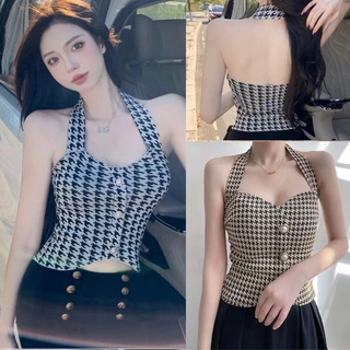 Áo cổ yếm họa tiết houndstooth phong cách cổ điển gợi cảm Dây treo cổ điển mỏng