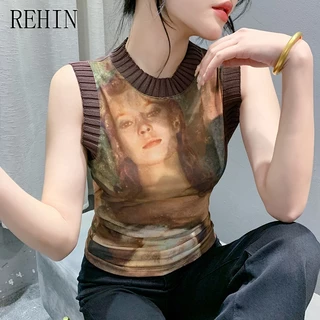 Rehin Mùa Hè Mới Slim Áo Thun Không Tay Áo Vest Retro Niche In Hình Thời Trang Áo Nữ