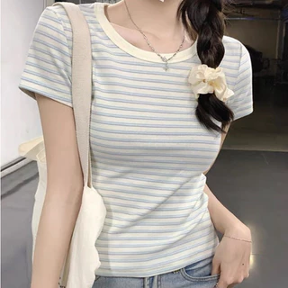 【WANG JIAO ZHAN】Áo crop top sọc ngắn tay phong cách cổ điển【T10】