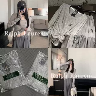 Ralph Lauren* RL Áo thun dài tay Cotton nguyên chất lười biếng cho bé gái + Quần cạp cao Bộ đồ hai mảnh