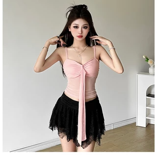 Cutenew Ruched Lưới Chắp Vá Camisole Nữ Mùa Hè Lưng Đa Năng Retro Slim Fit Tank Top