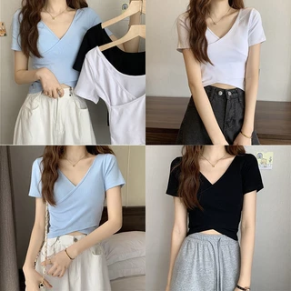 Li Mùa Hè Hàn Quốc Nữ Màu Trơn Crossover Cổ Chữ V Áo Thun Tay Ngắn Không Đều Mỏng Crop Top SHU