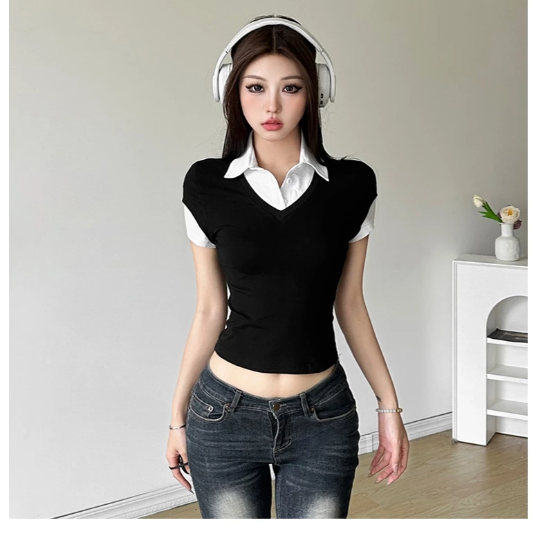 Klalien 2024 Retro Phong Cách Học Viện Đen Trắng Tương Phản Cổ POLO Áo Thun Tay Ngắn Slim Fit Đa Năng