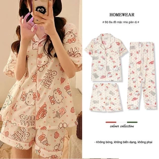 Bộ đồ ngủ nữ tay ngắn dễ thương Bộ đồ mặc nhà Hello Kitty bộ ba bộ đồ ngủ ngắn tay dễ thương