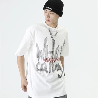 Áo thun nam rãnh mùa hè mới của Mỹ đường phố cao cấp in graffiti phong cách hip-hop dáng rộng giản dị đa năng cotton cổ tròn tay ngắn