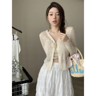 Kii Wii Mùa hè Mới Cổ Chữ V Hoa Chống Nắng Đa Năng Dài Tay Dệt Kim Cardigan Nữ 240516