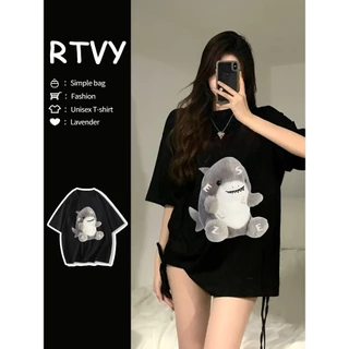 「RTVY」Áo thun Cotton ngắn tay nguyên chất mùa hè Oversize cá mập in hình bé dáng rộng thường ngày dành cho nữ