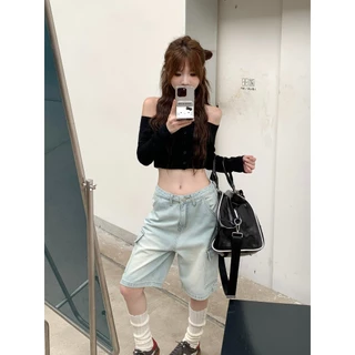 【MOTEL7】Quần yếm Mỹ Quần short Denim bỏ túi Quần crop