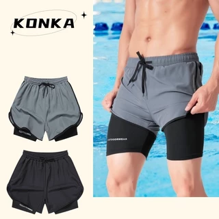 M-5XL Quần Đùi Short Thể Thao Ngắn 2 Lớp Tập Gym chạy bộ Bơi Quần Short Thể Thao Giả Hai Lớp Màu Đen Xám Nhanh Khô Thoán