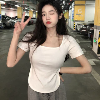 【WANG JIAO ZHAN】 Áo croptop thun ngắn tay cổ chữ u thiết kế mới mỏng quyến rũ thời trang【6733】