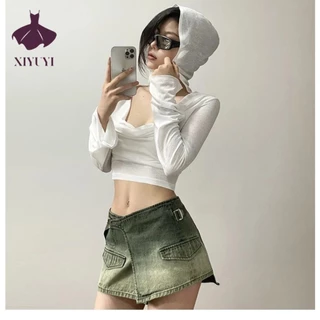 XIYUYI Chân Váy denim Chữ a Mini Lưng Cao Phong Cách retro Mỹ Quyến Rũ Dễ Phối Đồ Dành Cho Nữ