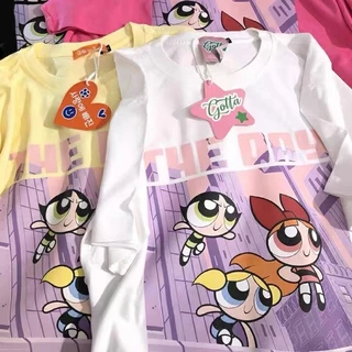 Áo Thun Nữ Tay Ngắn Hoạt Hình Powerpuff Bé Gái 4XL Cotton Nguyên Chất Tay Ngắn Mỏng Phong Cách Hàn Quốc ins Phong Cách Áo Thun Nữ Cổ Tròn Rời Bên Trong Top