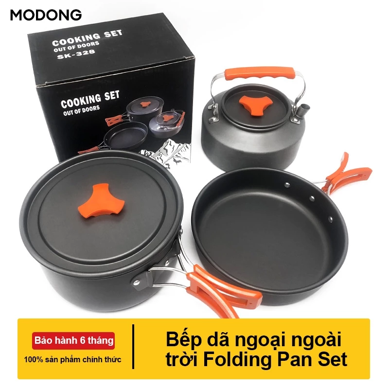 Bộ nấu ăn dã ngoại gồm 3 món kèm ấm đun nước, nồi dã ngoại và chảo dã ngoại làm bằng hợp kim nhôm cao cấp, nhỏ gọn và tiện lợi.