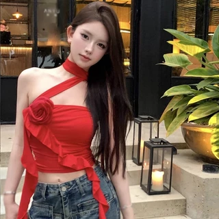 Nữ Croptop Mùa Hè Niche Thời Trang Ba Chiều Hoa Trang Trí Dây Cổ Nối Ruy Băng Mỏng Gợi Cảm Camisole Top