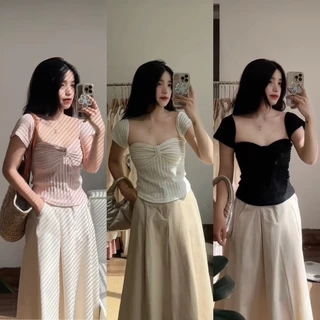 [SẴN] Áo len xốp croptop nơ ngực cổ vuông dáng ôm mặc 2 kiểu Ulzzang