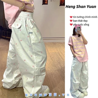 Heng Shan Yuan Quần thường ngày dành cho nữ Nơ Quần yếm trắng dáng rộng Quần ống rộng