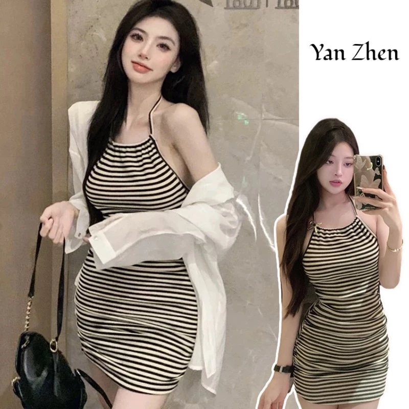 Đầm ôm Yan Zhen Hàn Quốc Instagram Sọc Sang Trọng Đa Năng Mỏng Và Thoải Mái Dây Đeo Mỏng Váy Ngắn