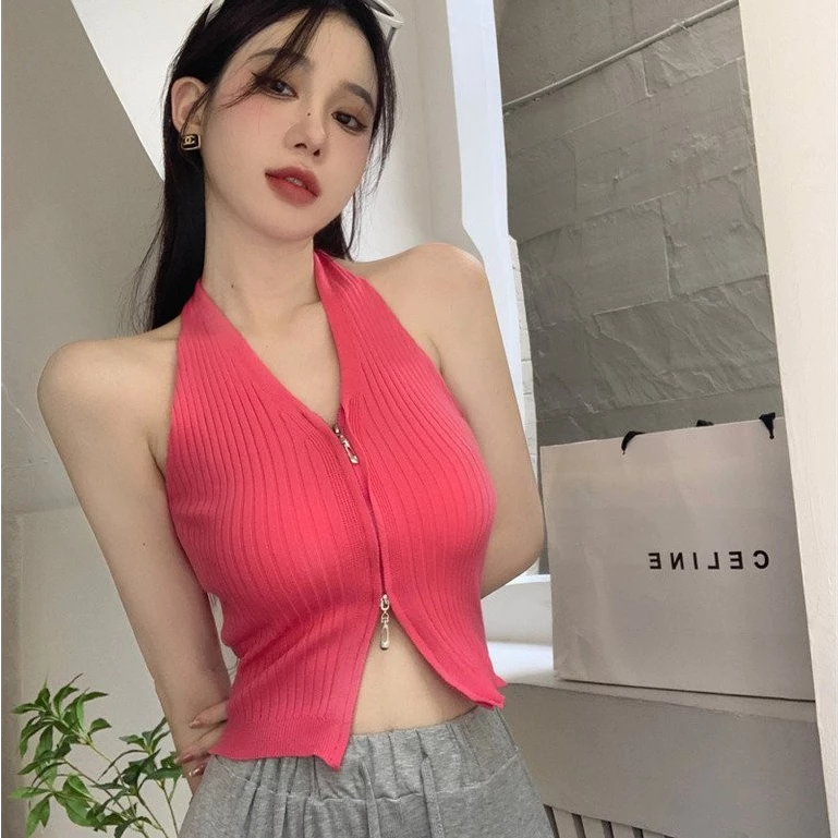 áo ba lỗ nữ croptop Hoa Hồng Đỏ Dây Kéo Cổ Chữ v Dây Đan Áo Vest Mùa Hè Gợi Cảm Không Tay top