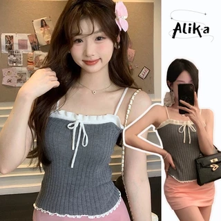 Áo vest nữ Alika nơ ren ngọt ngào Hàn Quốc ins áo len ngắn mỏng đa năng mỏng gợi cảm