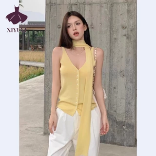 Xiyuyi Áo vest nữ màu trơn gợi cảm cổ chữ V ôm vừa vặn hàng dệt kim