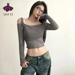 XIYUYI Áo crop top Tay Dài Trễ Vai Phối Lưới Thời Trang Cho Nữ