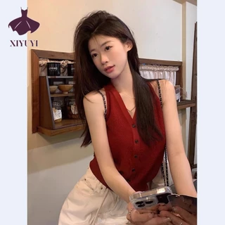 Xiyuyi Áo vest nữ retro màu đỏ không tay dệt kim phong cách mới mỏng áo hottie ngắn