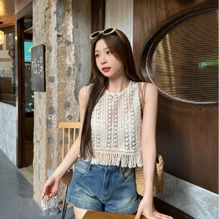 Retro Casual Mùa Hè Tối Giản Thời Trang Cổ Tròn Dệt Kim Không Tay Xe Tăng Nữ Top 240528