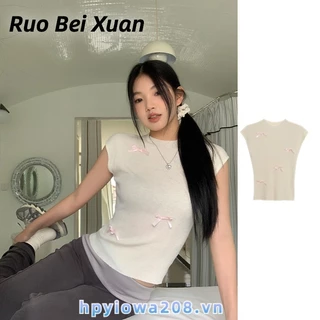 Ruo Bei Xuân Nữ tay ngắn cổ tròn thiết kế nơ áo thun mỏng vừa vặn màu trơn đơn giản giản giản dị hàng đầu