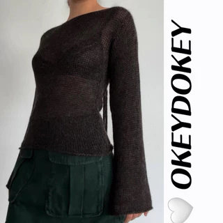 Áo Sweater Dệt Kim Tay Dài Màu Trơn Cổ Thuyền okdk-y2k Thắt Nơ Sau Lưng Cho Nữ