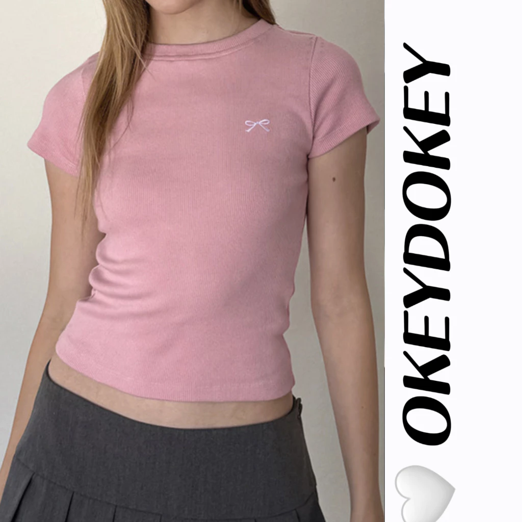 Okdk-y2k Áo Crop top cổ tròn tay ngắn thêu nơ dễ thương dành cho nữ