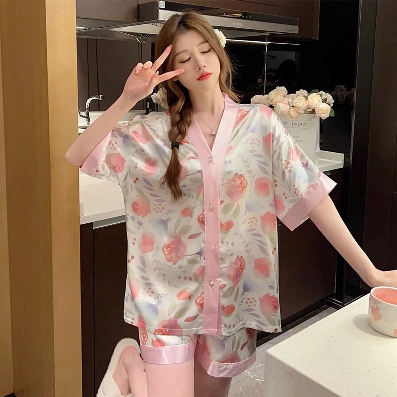 Bộ Đồ Ngủ Nữ Ice Silk Bộ 2024 Bộ Quần Short Tay Ngắn Mùa Hè Mới Nhẹ Và Sang Trọng Quần Áo Ở Nhà