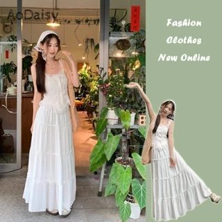 Aodaisy Bộ đồ gió nhẹ nhàng dành cho nữ mùa hè mới ngọt ngào và cay ren yếm siêu cổ tích váy dài váy trắng