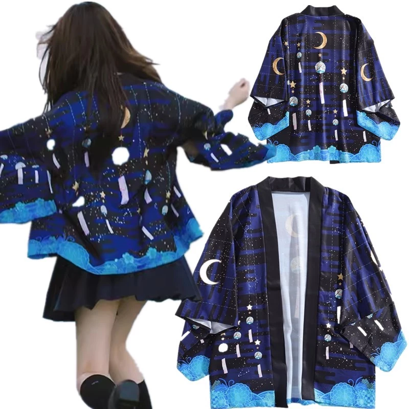 Sáng Tạo Ngôi Sao Và Mặt Trăng In Plus Size Nam Nữ Thời Trang Cardigan Áo Chống Nắng Đi Biển Quần Áo Bông Tai Kẹp Nhật Bản Cosplay Kimono