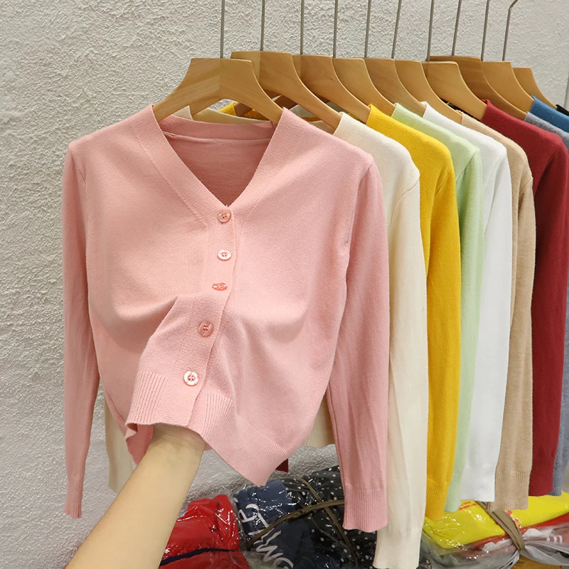 YAYUAN Ngắn đan cardigan nữ V cổ dài tay áo màu hồng