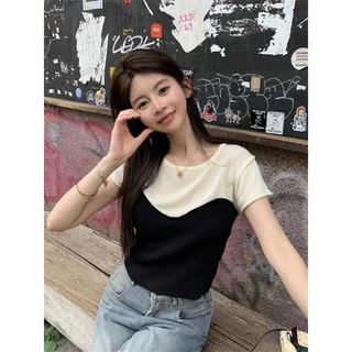 QKOOLE Áo thun dệt kim ngắn tay cổ tròn màu đen trắng phong cách Hàn Quốc mới dành cho nữ